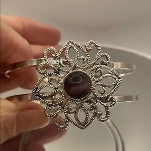 Intricate Silver Tone and Purple clamper Bracelet with Floral Design 7”